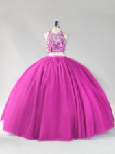  Floor Length Fuchsia Quince Ball Gowns Halter Top Sleeveless Backless