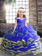 Custom Design Tulle Sweetheart Sleeveless Lace Up Beading and Ruching Little Girls Pageant Dress Wholesale in Blue