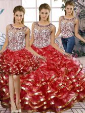 Captivating Red Sleeveless Organza Lace Up Sweet 16 Quinceanera Dress for Military Ball and Sweet 16 and Quinceanera