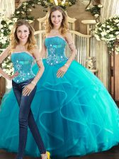  Aqua Blue Sleeveless Floor Length Beading and Ruffles Lace Up Quinceanera Dress