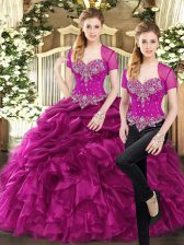  Fuchsia Two Pieces Sweetheart Sleeveless Organza Floor Length Lace Up Beading and Ruffles and Pick Ups Ball Gown Prom Dress