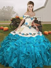 Customized Off The Shoulder Sleeveless Organza Quinceanera Gowns Embroidery and Ruffles Lace Up