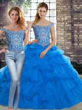 Fancy Brush Train Two Pieces Quinceanera Dress Blue Off The Shoulder Tulle Sleeveless Lace Up