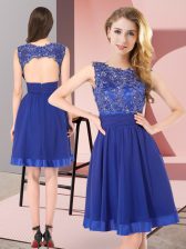 Romantic Sleeveless Mini Length Beading and Appliques Backless Dama Dress with Royal Blue