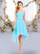  High Low Empire Sleeveless Aqua Blue Quinceanera Dama Dress Lace Up