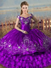 Charming Purple Ball Gowns Satin and Organza Off The Shoulder Sleeveless Embroidery and Ruffled Layers Floor Length Lace Up Ball Gown Prom Dress