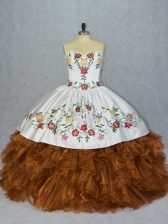  Organza Sweetheart Sleeveless Lace Up Embroidery and Ruffles Quinceanera Gowns in Brown