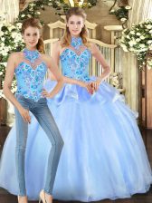Fashionable Sleeveless Floor Length Embroidery Lace Up 15th Birthday Dress with Blue