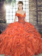 Enchanting Floor Length Lace Up Quince Ball Gowns Orange Red for Military Ball and Sweet 16 and Quinceanera with Beading and Ruffles