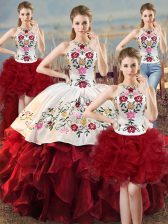 Spectacular Halter Top Sleeveless Quinceanera Dress Floor Length Embroidery and Ruffles White And Red Organza