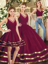  Burgundy V-neck Neckline Ruffled Layers Sweet 16 Dress Sleeveless Backless