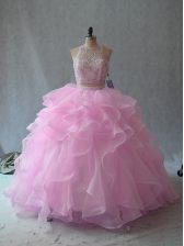  Pink Two Pieces Organza Scoop Sleeveless Beading and Ruffles Floor Length Backless Quinceanera Gown