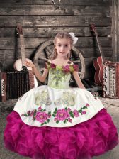 Fashionable Floor Length Fuchsia Pageant Dress for Womens Organza Sleeveless Beading and Embroidery and Ruffles