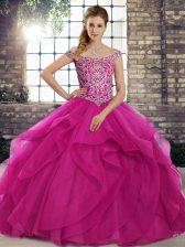 Deluxe Brush Train Ball Gowns Sweet 16 Dresses Fuchsia Off The Shoulder Tulle Sleeveless Lace Up
