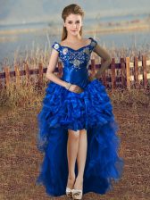 Royal Blue Off The Shoulder Neckline Embroidery and Ruffles Prom Party Dress Sleeveless Lace Up