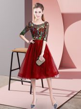  Wine Red Scoop Neckline Embroidery Quinceanera Court Dresses Half Sleeves Lace Up