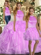  Floor Length Lace Up Sweet 16 Dresses Lilac for Sweet 16 and Quinceanera with Beading and Ruffles