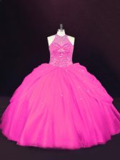  Floor Length Lace Up Quinceanera Dress Hot Pink for Sweet 16 and Quinceanera with Beading