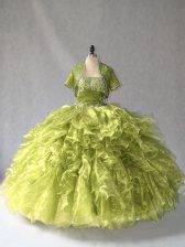 Cute Olive Green Ball Gowns Beading and Ruffles Ball Gown Prom Dress Lace Up Organza Sleeveless Floor Length