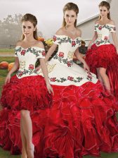  Embroidery and Ruffles Quinceanera Gown White And Red Lace Up Sleeveless Floor Length
