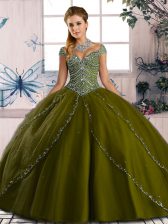  Sweetheart Cap Sleeves Brush Train Lace Up Quinceanera Dresses Olive Green Organza