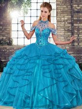  Blue Sleeveless Beading and Ruffles Floor Length 15 Quinceanera Dress