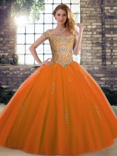  Sleeveless Floor Length Beading Lace Up Quinceanera Gown with Orange Red