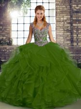 Top Selling Olive Green Lace Up Ball Gown Prom Dress Beading and Ruffles Sleeveless Floor Length