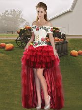  Wine Red Sleeveless High Low Embroidery and Ruffled Layers Lace Up Prom Party Dress