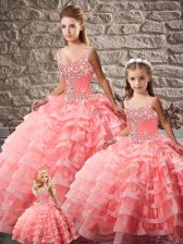 Custom Designed Watermelon Red Ball Gowns Beading and Ruffled Layers Sweet 16 Quinceanera Dress Lace Up Organza Sleeveless