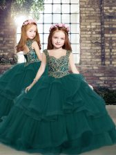 Amazing Straps Sleeveless Tulle Evening Gowns Beading and Ruffles Lace Up