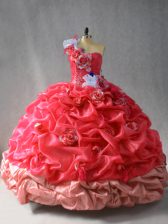 Charming Coral Red One Shoulder Neckline Pick Ups and Hand Made Flower Sweet 16 Dresses Sleeveless Lace Up