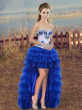  Royal Blue Sweetheart Neckline Embroidery and Ruffled Layers Prom Party Dress Sleeveless Lace Up