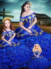 Gorgeous Floor Length Lace Up Ball Gown Prom Dress Royal Blue for Sweet 16 and Quinceanera with Embroidery and Ruffles