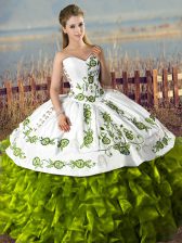  Olive Green Sleeveless Satin and Organza Lace Up Quince Ball Gowns for Sweet 16 and Quinceanera