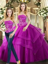 Modern Strapless Sleeveless Tulle Sweet 16 Dress Beading and Ruffles Lace Up