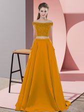 Fantastic Off The Shoulder Sleeveless Sweep Train Backless Prom Dresses Brown Elastic Woven Satin