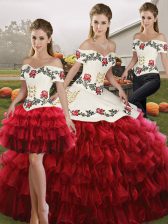  Wine Red Three Pieces Organza Off The Shoulder Sleeveless Embroidery and Ruffled Layers Floor Length Lace Up Quinceanera Dress