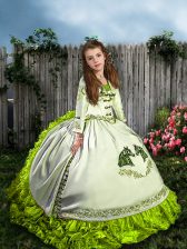 Superior Sleeveless Embroidery and Ruffles Lace Up Kids Pageant Dress with White Sweep Train