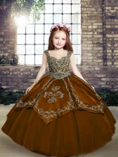  Sleeveless Tulle Floor Length Lace Up Little Girls Pageant Dress in Brown with Beading and Embroidery