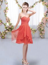  Knee Length Lace Up Damas Dress Coral Red for Wedding Party with Ruffles and Ruching