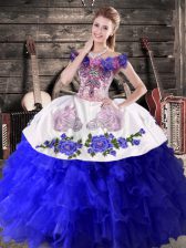Smart Floor Length Royal Blue Quinceanera Gown Off The Shoulder Sleeveless Lace Up