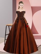 Decent Brown A-line Lace and Appliques Sweet 16 Dresses Zipper Satin Sleeveless Floor Length
