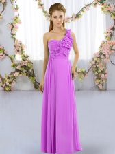 Exceptional Sleeveless Chiffon Floor Length Lace Up Dama Dress for Quinceanera in Lilac with Hand Made Flower