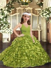  Olive Green Organza Zipper Sleeveless Floor Length Kids Formal Wear Ruffles