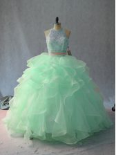  Apple Green Halter Top Backless Beading and Ruffles Quince Ball Gowns Sleeveless