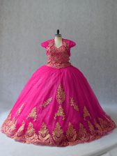 Ideal Lace Up Quinceanera Gowns Hot Pink for Sweet 16 and Quinceanera with Appliques Court Train