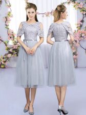  Grey Empire Lace and Belt Damas Dress Zipper Tulle Sleeveless Tea Length