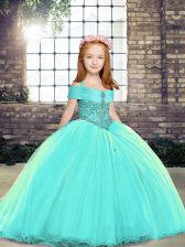  Sleeveless Brush Train Lace Up Little Girls Pageant Dress in Aqua Blue with Beading