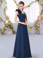 Affordable Navy Blue Empire Hand Made Flower Quinceanera Court of Honor Dress Lace Up Chiffon Sleeveless Floor Length